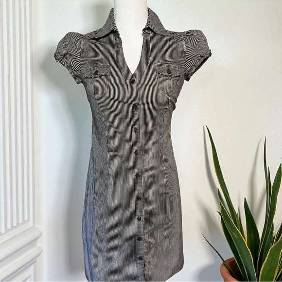 Y2K Iz BYER California Brown Pin Striped Button Up Dress - Picture 1 of 15